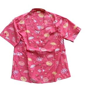 Peter Beaton Pink Beach Umbrella Print Camp Shirt Short Sleeve Cotton Mens L